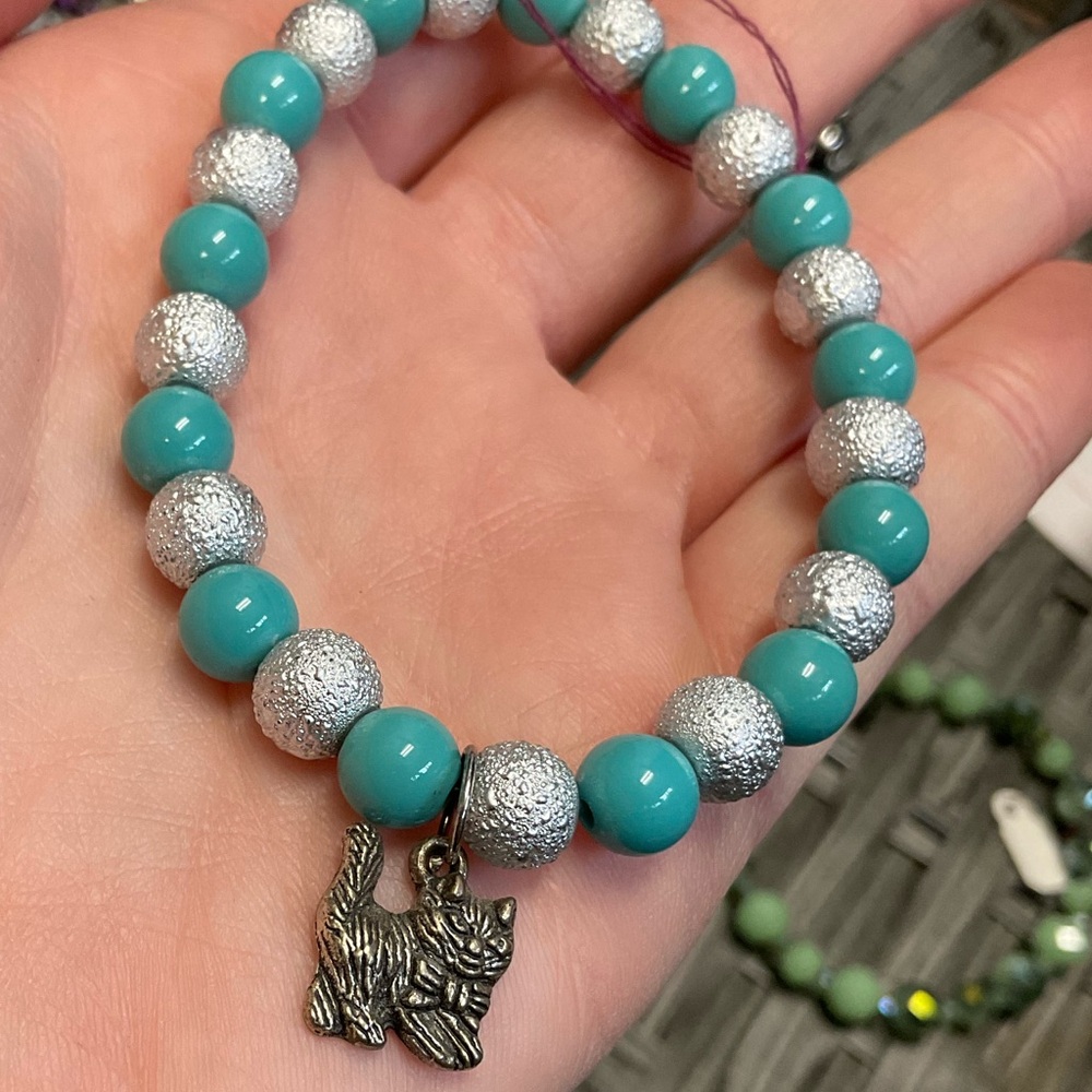 Turquoise and Silver Beaded Bracelet with Cat Charm